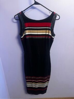 White House Black Market Black Sleeveless Midi Dress with Red and Gold Stripes